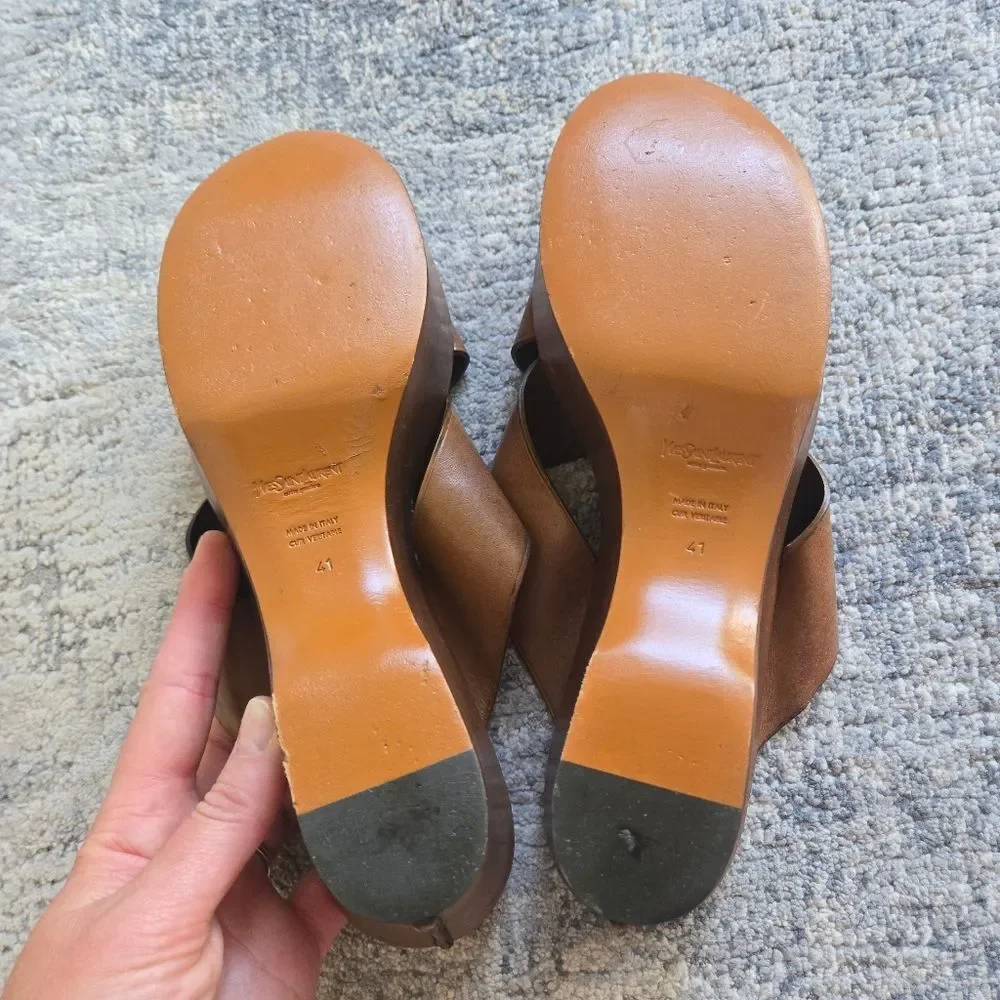 Vintage YVES SAINT LAURENT Leather Wedge Cross Strap Platform Slides Size 41